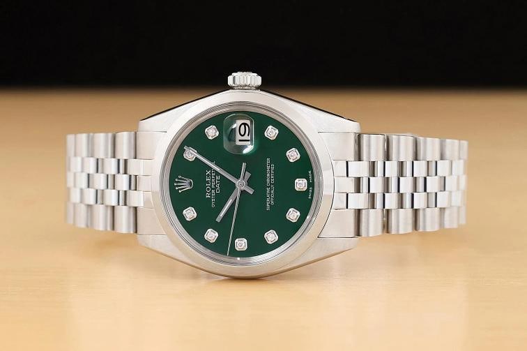 ROLEX OYSTER PERPETUAL DATE 1500 GREEN DIAMOND DIAL STAINLESS STEEL 34MM WATCH - 3