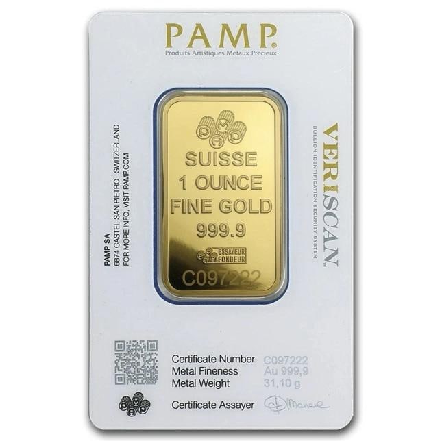 PAMP Suisse 1 Ounce Gold Bar 999.9 Fine Gold Bar C09722: Composition: Gold,Shape: Bar,Fineness: 999.9,Precious Metal Content per Unit: 1 ounce,Brand/Mint: PAMP Suisse,Total Precious Metal Content: 1 ounce