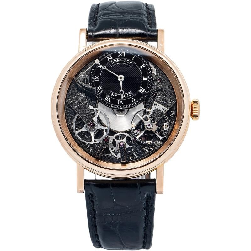 Breguet Tradition 7057 2021 Paper 18k Rosegold Black Dial Manual Men's 40mm: Case Size 40mm Wrist Fit 8 inches Box No Papers Yes Condition - Used - Good Full Specifications Brand Breguet Customized No Serial # 4xxxxx Gender Men Band Material Leather Band Color Black Bezel Diam