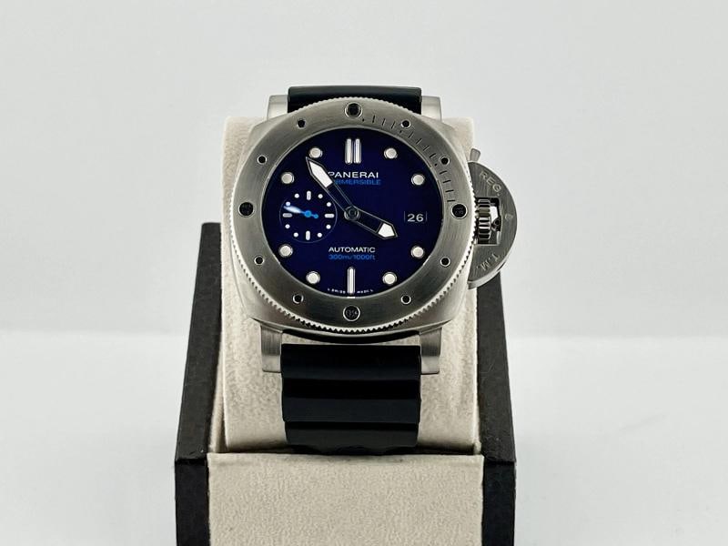 Panerai Luminor Submersible BMG-TECH PAM00692 PAM 692 47mm Blue Dial Titanium: Style Number: PAM00692 / PAM 692 Year: 2017 - 2022 Model: Panerai Luminor Submersible BMG-TECH Case Material: Titanium Band: Black Rubber Bezel: Titanium Dial: Blue Crystal: Sapphire Crystal Case Size
