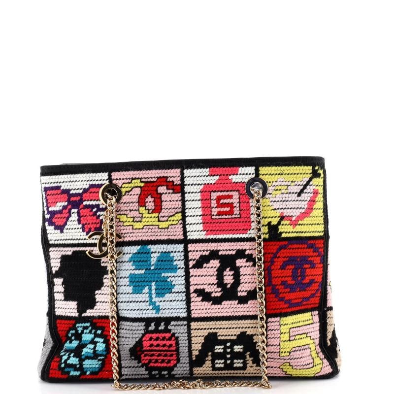Chanel Vintage Precious Symbols Chain Tote Crochet Tweed Medium: Condition: Pre-owned - Good,Brand: Chanel,Exterior Material: Tweed, Crochet,Style: Totes,Exterior Color: Print,Department: Women,Size: Medium