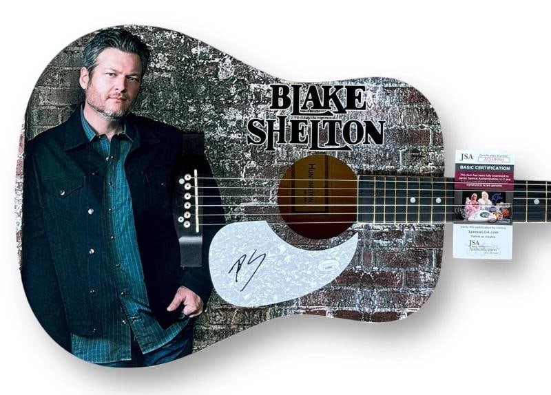 Blake Shelton Signed Guitar Custom Graphics JSA COA Pour Me A Drink: Industry: Music,Signed: Yes,Autograph Authentication: James Spence (JSA),Original/Reproduction: Original Signer: Blake Shelton Item Type: Full Size Huntington Acoustic Guitar Guitar Size: 41in in leng