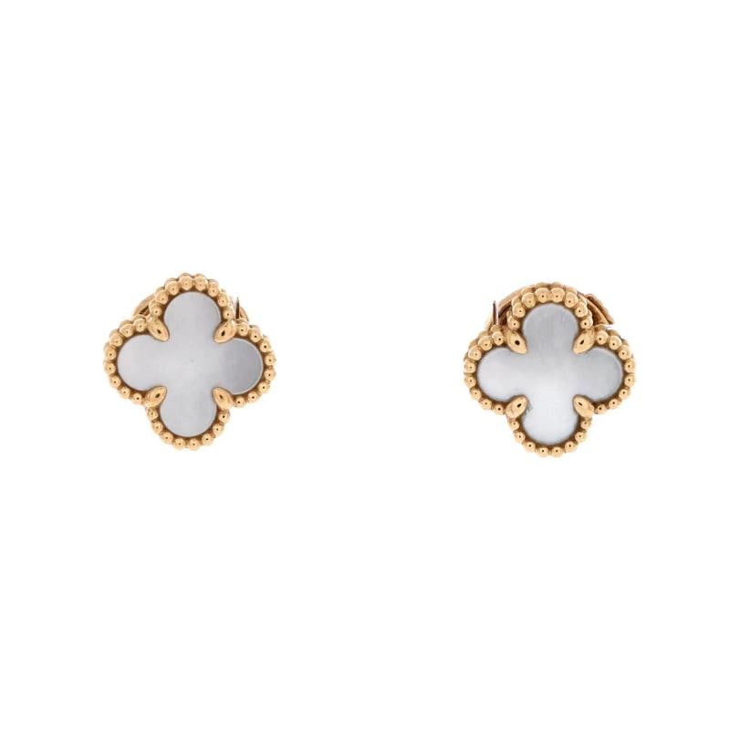 Van Cleef & Arpels Sweet Alhambra Stud Earrings 18K Yellow Gold and Mother of: Measurements: Height/Length: 9.30 mm, Width: 9.30 mm . Condition: Pre-owned - Good,Brand: Van Cleef & Arpels,Main Stone: Unknown,Metal: 18K White Gold,Metal Purity: 18K,Style: Stud,Type: