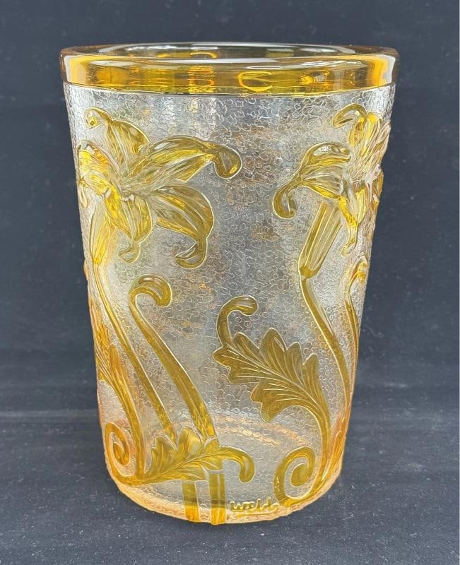 Signed Thomas Webb Cameo Fleur Glass Yellow Flowers Irises 8" Vase: a beautiful antique English "cameo fleur" glass vase by Thomas Webb & Sons, dating to circa 1900. The glass is yellow cut cameo style to clear, with a design of irises and their leaves and stems in