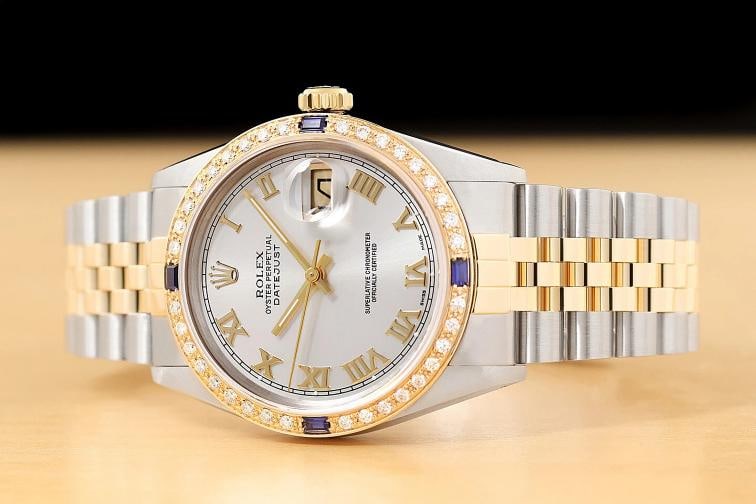 ROLEX MENS DATEJUST QUICKSET 18K YELLOW GOLD SAPPHIRE DIAMOND STEEL WATCH - 2