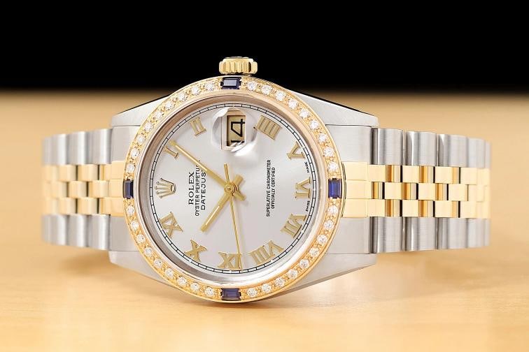 ROLEX MENS DATEJUST QUICKSET 18K YELLOW GOLD SAPPHIRE DIAMOND STEEL WATCH - 3