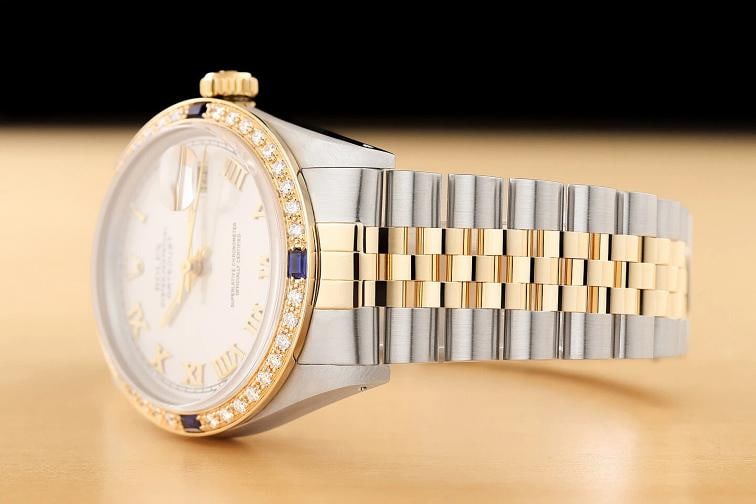 ROLEX MENS DATEJUST QUICKSET 18K YELLOW GOLD SAPPHIRE DIAMOND STEEL WATCH - 4