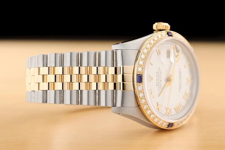 ROLEX MENS DATEJUST QUICKSET 18K YELLOW GOLD SAPPHIRE DIAMOND STEEL WATCH - 7