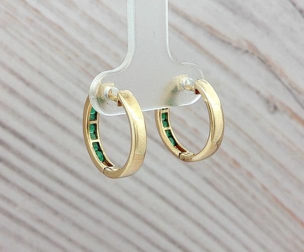 Emerald Gold Hoop Earrings In 14k Yellow Gold. - 4