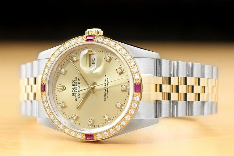 MENS ROLEX DATEJUST 16233 CHAMPAGNE FACTORY DIAL 18K GOLD DIAMOND RUBY SS WATCH - 2