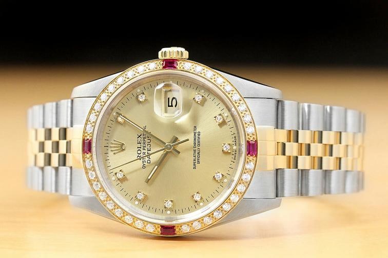 MENS ROLEX DATEJUST 16233 CHAMPAGNE FACTORY DIAL 18K GOLD DIAMOND RUBY SS WATCH - 3