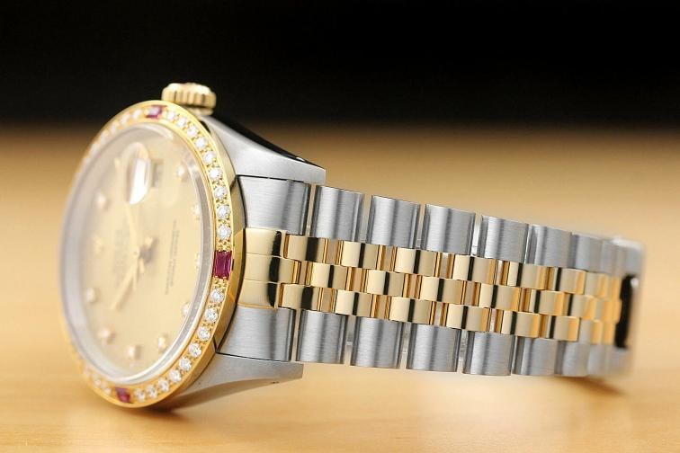 MENS ROLEX DATEJUST 16233 CHAMPAGNE FACTORY DIAL 18K GOLD DIAMOND RUBY SS WATCH - 4