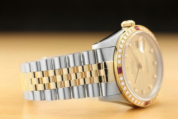 MENS ROLEX DATEJUST 16233 CHAMPAGNE FACTORY DIAL 18K GOLD DIAMOND RUBY SS WATCH - 7