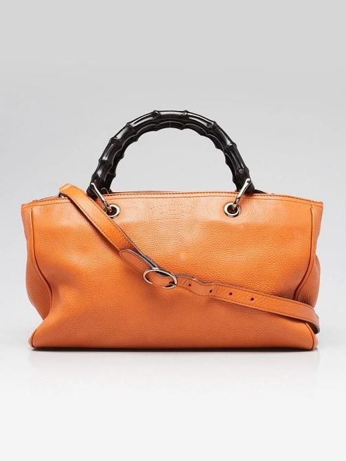 Gucci Orange Pebbled Leather Medium Bamboo Shopper Tote Bag: Condition: Pre-owned - Good,Brand: Gucci,Exterior Material: Leather,Style: Everyday Bags,Totes,Exterior Color: Black,Orange,Department: Women 