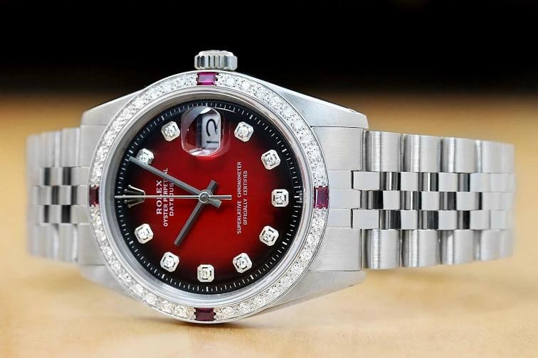 MENS ROLEX DATEJUST 18K WHITE GOLD RUBY DIAMOND BEZEL & STEEL RED VIGNETTE WATCH - 2