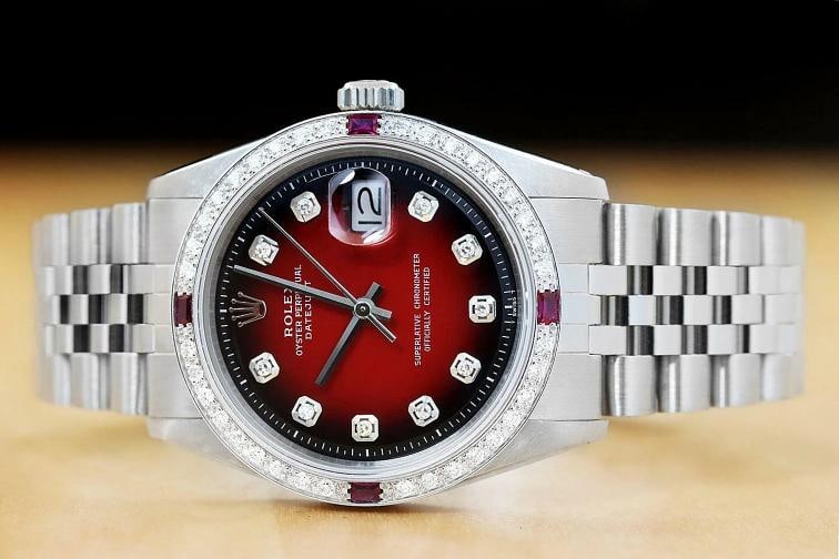 MENS ROLEX DATEJUST 18K WHITE GOLD RUBY DIAMOND BEZEL & STEEL RED VIGNETTE WATCH - 3