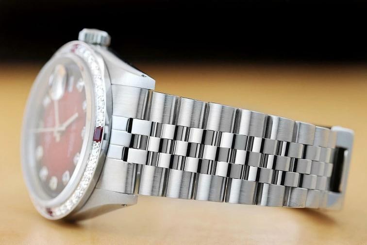 MENS ROLEX DATEJUST 18K WHITE GOLD RUBY DIAMOND BEZEL & STEEL RED VIGNETTE WATCH - 4