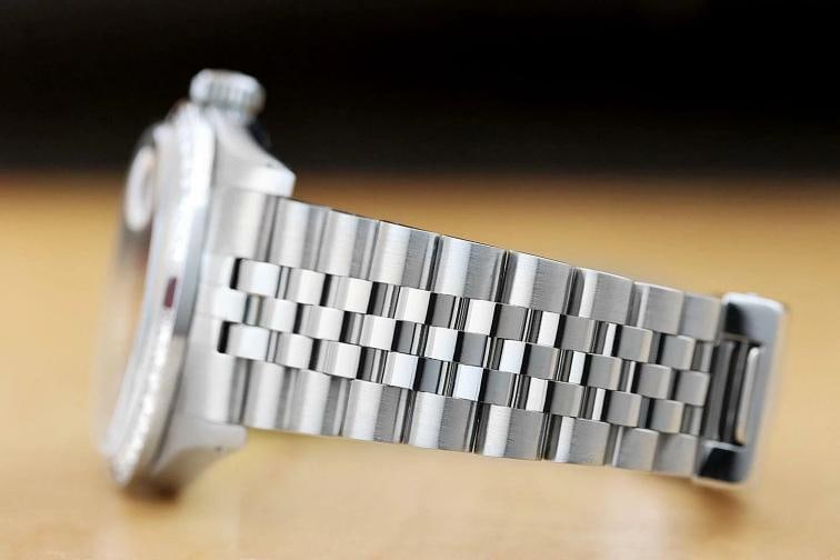 MENS ROLEX DATEJUST 18K WHITE GOLD RUBY DIAMOND BEZEL & STEEL RED VIGNETTE WATCH - 5