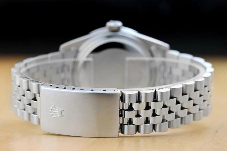 MENS ROLEX DATEJUST 18K WHITE GOLD RUBY DIAMOND BEZEL & STEEL RED VIGNETTE WATCH - 6