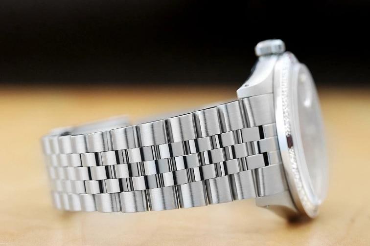 MENS ROLEX DATEJUST 18K WHITE GOLD RUBY DIAMOND BEZEL & STEEL RED VIGNETTE WATCH - 8