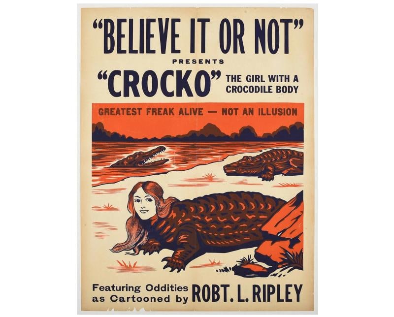 1930s Ripley's Crocko Sideshow Poster: Original Linen-Backed Oddities Art: Condition: Used: An item that has been used previously. ,Artist: Robert L. Ripley,Type: Pre-1950,Year of Production: 1930,Item Height: 71 cm,Theme: Advertising,Material: Paper, Linen,Time Period Manuf