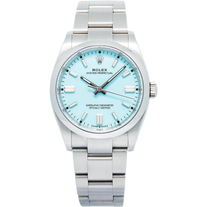 Rolex Oyster Perpetual 126000 2020 Complete Turquoise Dial Automatic Watch 36mm: Case Size 36mm Wrist Fit 7.5 inches Box Yes Papers Yes(2020 Card) Condition - Used - Good Full Specifications Brand Rolex Customized No Serial # 31xxxxxx Gender Unisex Band Material Stainless