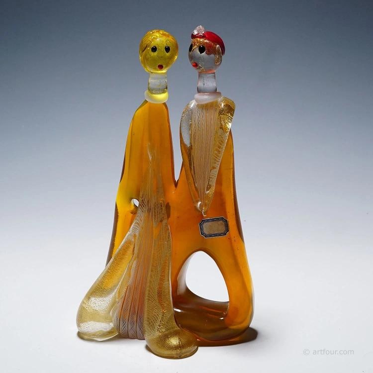 Vintage Murano Glass Sculpture by Anzolo Fuga for A.Ve.M. 1950s: A Murano art glass sculpture designed by Anzolo Fuga and produced by Arte Vetraria Muranese (A.Ve.M.) in the 1950s. Colorless, opaque white (lattimo) glass, red, honey yellow, light yellow, and black-