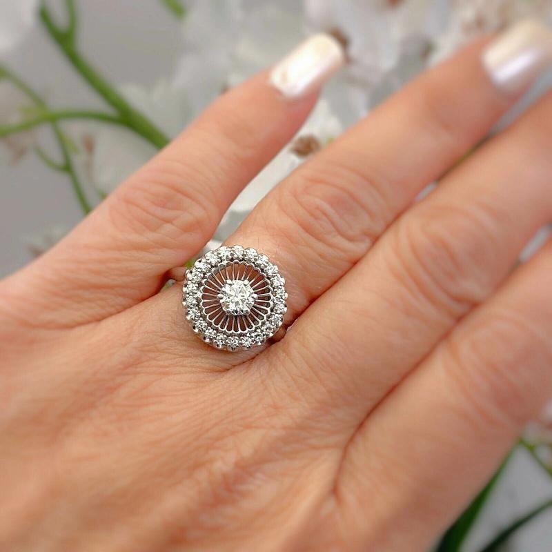 Antique Art Deco Old European Diamond Halo Ring 18K White Gold - 3