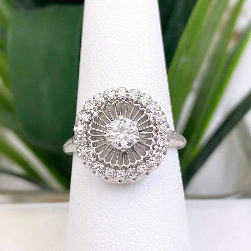 Antique Art Deco Old European Diamond Halo Ring 18K White Gold - 6