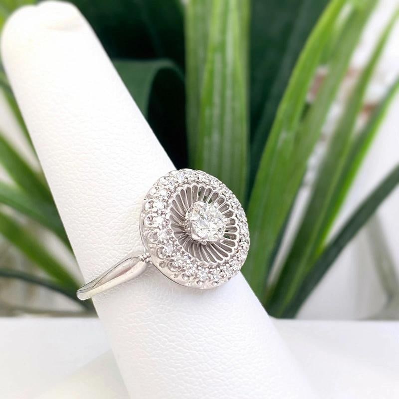 Antique Art Deco Old European Diamond Halo Ring 18K White Gold - 7