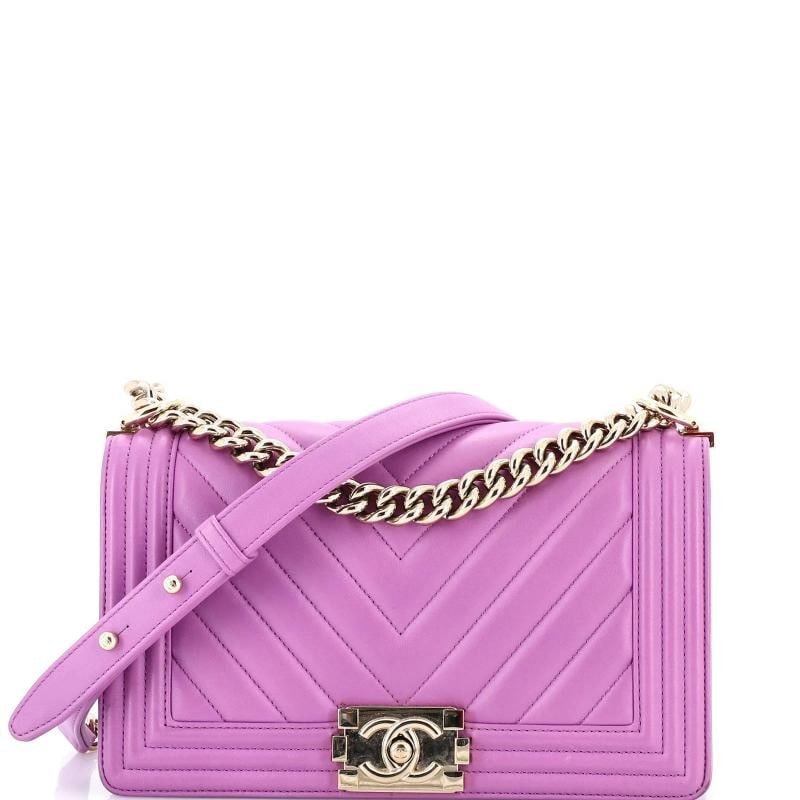 Chanel Boy Flap Bag Chevron Lambskin Old Medium: Measurements: Handle Drop 11", Height 6", Width 10", Depth 3", Strap Drop 20" . Condition: Pre-owned - Good,Brand: Chanel,Exterior Material: Leather,Style: Shoulder Bags,Exterior Color: Purple,Departm