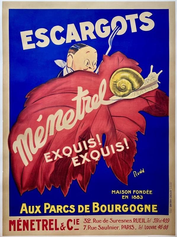 Original Vintage Poster ESCARGOTS MENETREL French Food & Wine France LINEN (1 of 5)