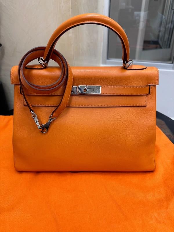 HERMES Kelly Retourne 32 cmm Circa 2005 Orange Veau Swift Palladium Hardware - 20
