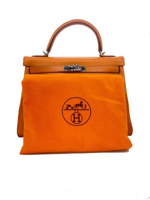 HERMES Kelly Retourne 32 cmm Circa 2005 Orange Veau Swift Palladium Hardware - 2