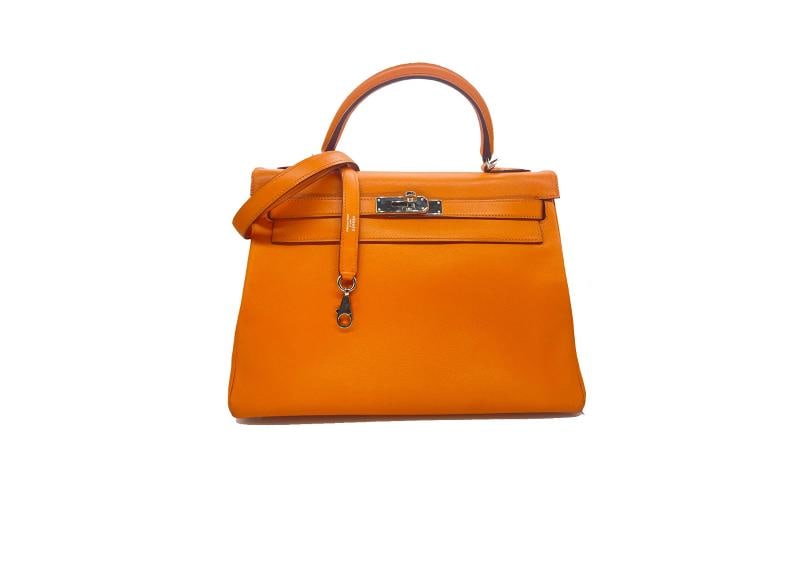 HERMES Kelly Retourne 32 cmm Circa 2005 Orange Veau Swift Palladium Hardware - 6