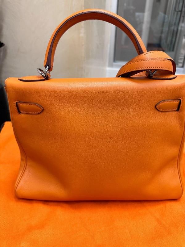HERMES Kelly Retourne 32 cmm Circa 2005 Orange Veau Swift Palladium Hardware - 8