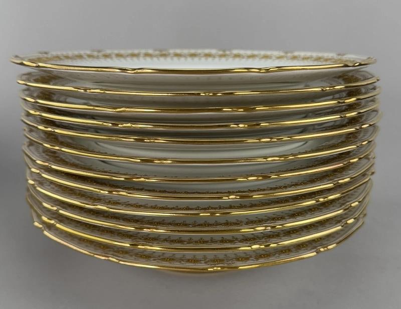 Set 12 c1920s Royal Doulton Noke's Tiffany Co Raised Gilt Rim 9.5" Soup Bowls - 2