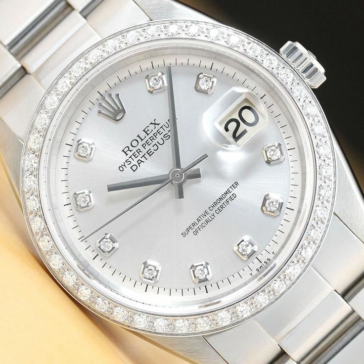MENS ROLEX DATEJUST SILVER DIAMOND 18K WHITE GOLD BEZEL & STAINLESS STEEL WATCH: Condition: Pre-owned - Good,Bezel Color: Silver,Max Wrist Size: 7.26-7.5 in,Number of Jewels: 26 Jewels,Indices: Diamond Hour Marks, 12-Hour Dial, Multiple Hands,Bezel: Custom 18K White Gold Diamond