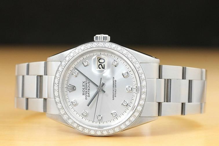MENS ROLEX DATEJUST SILVER DIAMOND 18K WHITE GOLD BEZEL & STAINLESS STEEL WATCH - 3