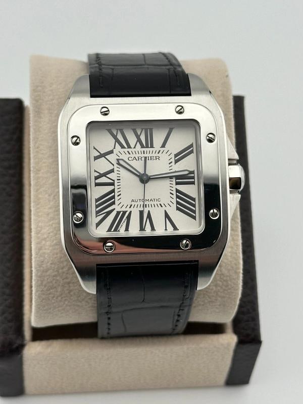 Cartier Santos 100 XL Ref 2656 Stainless Steel Leather Strap: Condition: Pre-owned - Good,Country of Origin: Switzerland,Bezel Color: Silver,Movement: Mechanical (Automatic),Seller Warranty: Yes,Indices: Roman Numerals,Reference Number: 2656,Band/Strap: Two-Piec