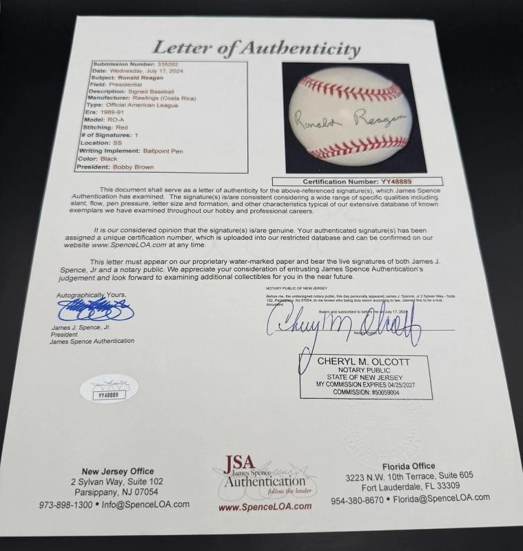 President Ronald Reagan Single Signed American League Baseball JSA COA - 3