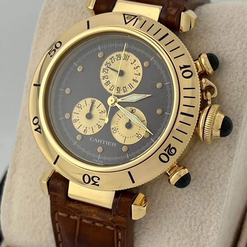 Cartier Pasha 1353 Chronograph Grey Dial 18K Yellow Gold Leather Strap 35mm - 10