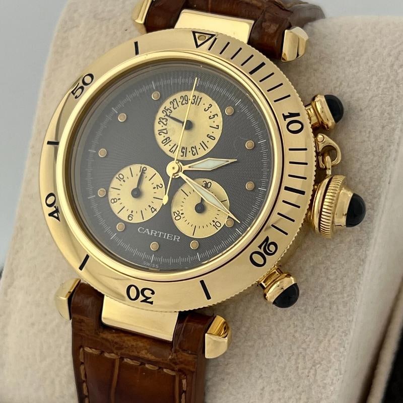 Cartier Pasha 1353 Chronograph Grey Dial 18K Yellow Gold Leather Strap 35mm - 11