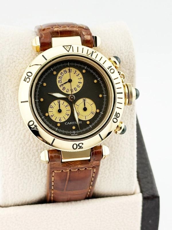 Cartier Pasha 1353 Chronograph Grey Dial 18K Yellow Gold Leather Strap 35mm - 2