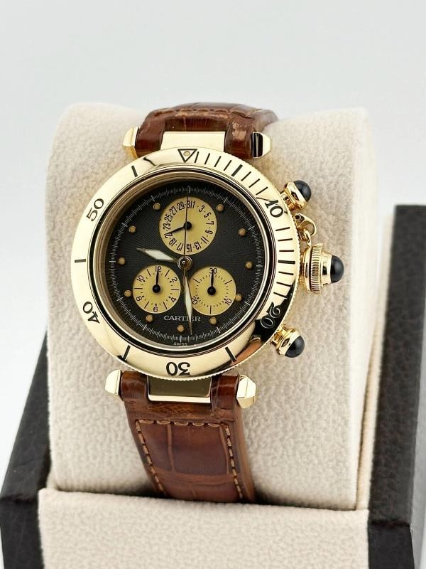 Cartier Pasha 1353 Chronograph Grey Dial 18K Yellow Gold Leather Strap 35mm - 3