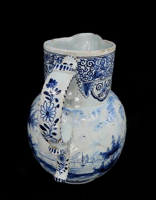 Fine Old 1700s Delft Faience Blue White Scenic Mask Jug Pitcher - 2