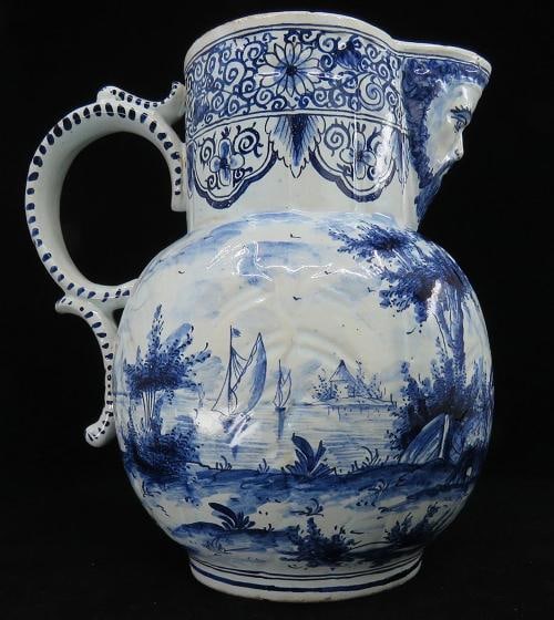 Fine Old 1700s Delft Faience Blue White Scenic Mask Jug Pitcher - 7