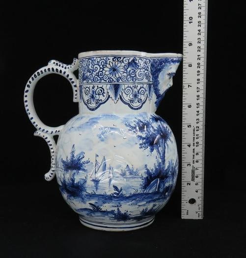 Fine Old 1700s Delft Faience Blue White Scenic Mask Jug Pitcher - 9