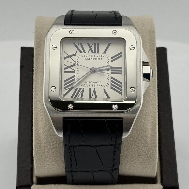 Cartier Santos 100 XL 2656 38mm White Dial Stainless Steel Leather Strap: Condition: Pre-owned - Excellent,Country of Origin: Switzerland,Bezel Color: Silver,Movement: Mechanical (Automatic),Seller Warranty: Yes,Reference Number: 2656,Brand: Cartier,Case Color: Silver,Depar