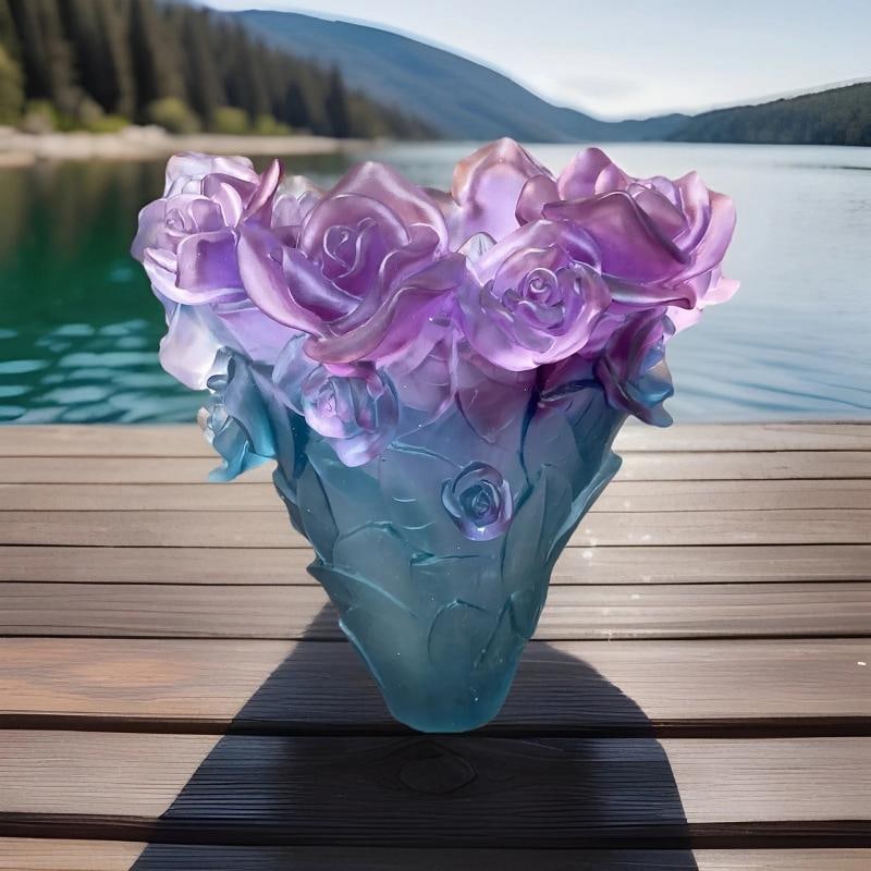 Blue Multi Crystal Nancy Daum Style Rose Vase H8.5 W8" Heavy Art Glass - 3